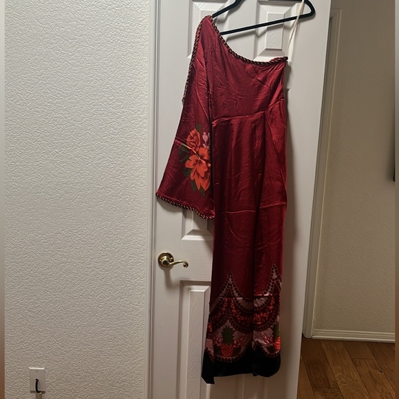 NWT FARM RIO X ANTHROPOLOGIE One Shoulder Printed Satin Jumpsuit - Picture 7 of 13